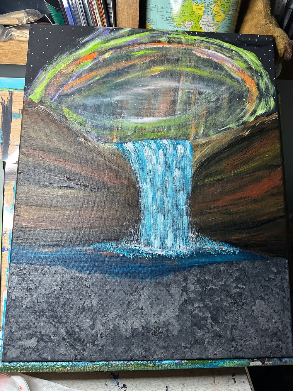 Blue Cascade Waterfall Canvas Painting with Green Aurora Accents